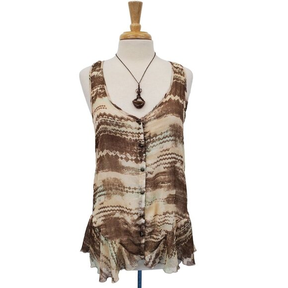 Maurices Brown Beige Zigzag Print Sheer Ruffle Hem Racerback Tank Top M Boho - Picture 1 of 14